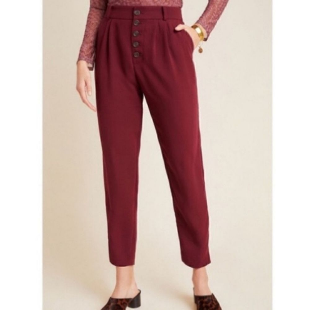 Anthropologie  Sasha Button Fly Burgundy Tapered Trousers Size 12 UK 16